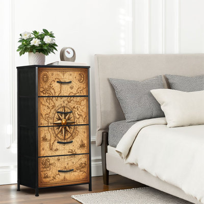 Commode 4 tiroirs pour chambre à coucher, commode étroite, plateau en bois et structure en fer 18 po x 37,5 po - (l x H) - avec carte du monde rétro et boussole rose