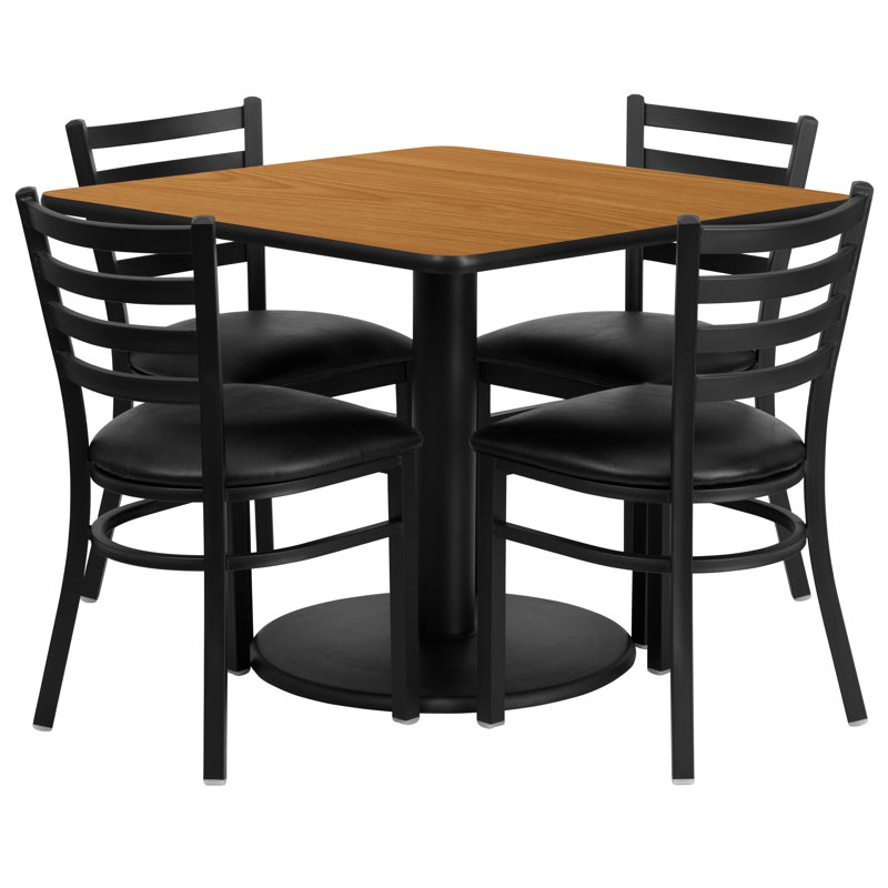 Hao 36'' Square Laminate Table Set with Round Base and 4 Ladder Back Metal Chairs, Natural