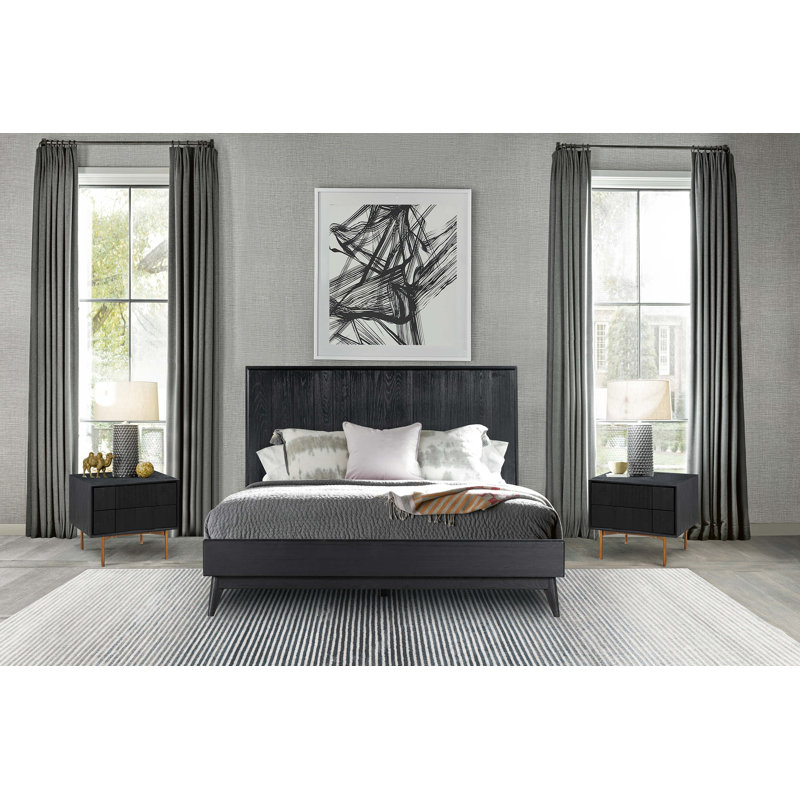 Ensemble de chambre à coucher avec lit pour très grand lit ou très grand lit 3 pièces avec tête de lit en chêne brossé noir Donzel