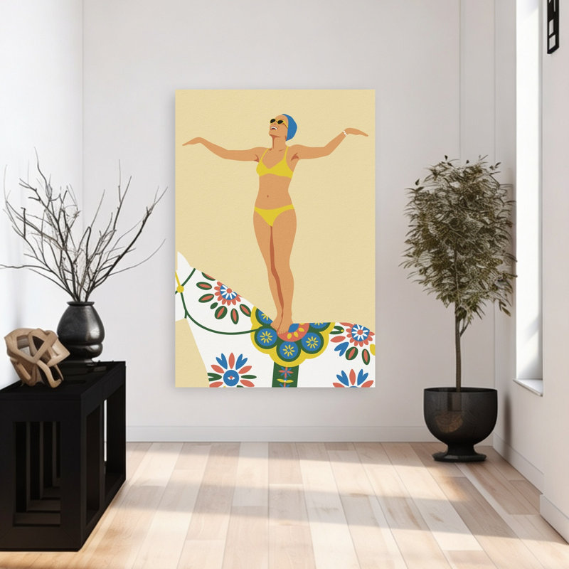 Bikini acrobate sur cheval, rétro, cheval rétro, plage, art mural