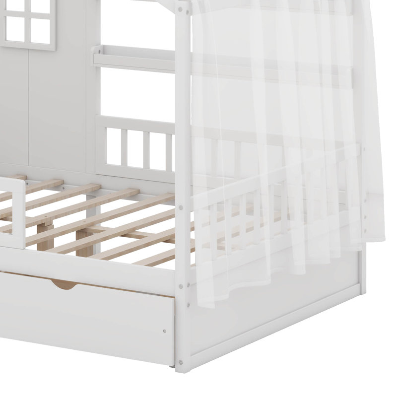 Cadre de lit Montessori House avec toit et rideaux, lit en bois pour enfants avec garde-corps, 2 tiroirs, tablettes, Double