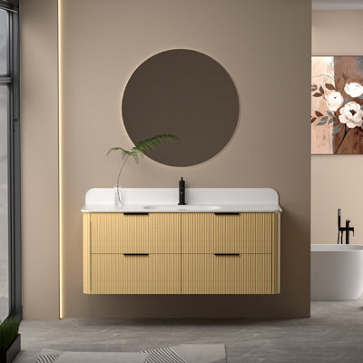 Meuble-lavabo flottant 48 po avec lavabo en acrylique intégré, meuble-lavabo mural au fini chêne chaud et tiroirs à fermeture en douceur