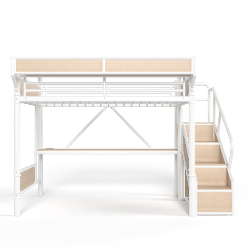 Grand lit mezzanine en métal industriel avec bureau intégré et prise de courant, bande DEL, cadre de lit mezzanine en métal avec panneaux perforés et paniers de rangement en filet, escalier de rangement avec garde-robe