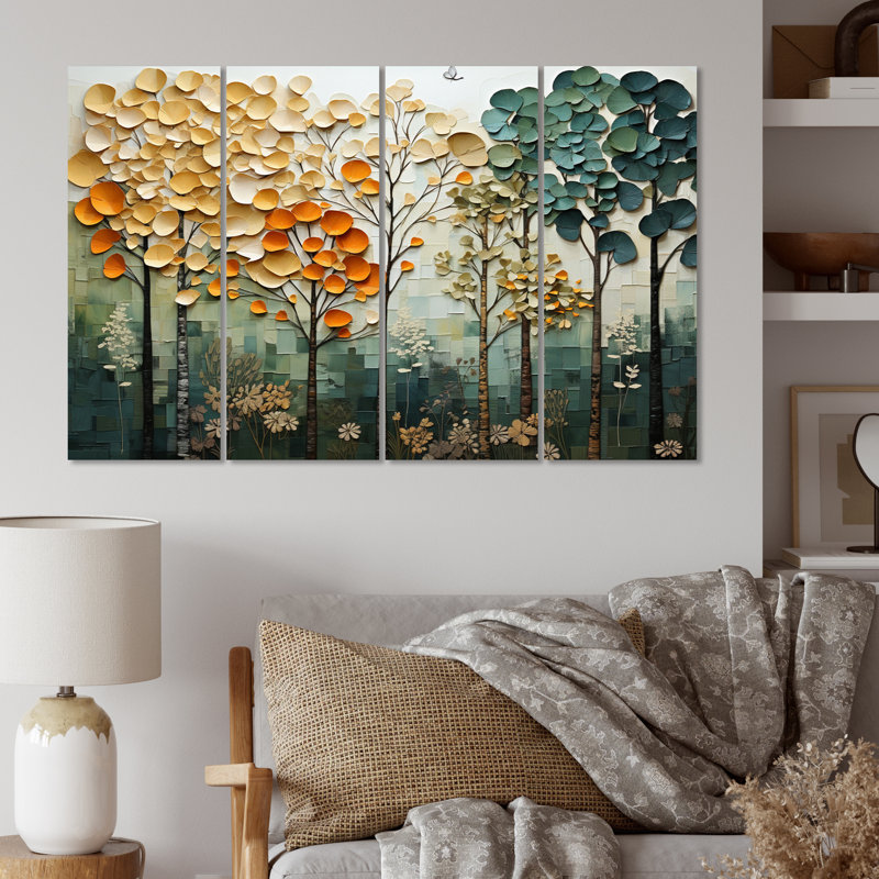 " Orange Green Trees Canopy Patchwork I " 4 - Pieces