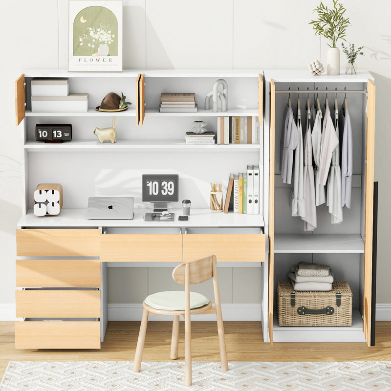 Armoire de rangement à 2 portes en bois pour bureau avec étagères et tiroirs, Chêne / Blanc