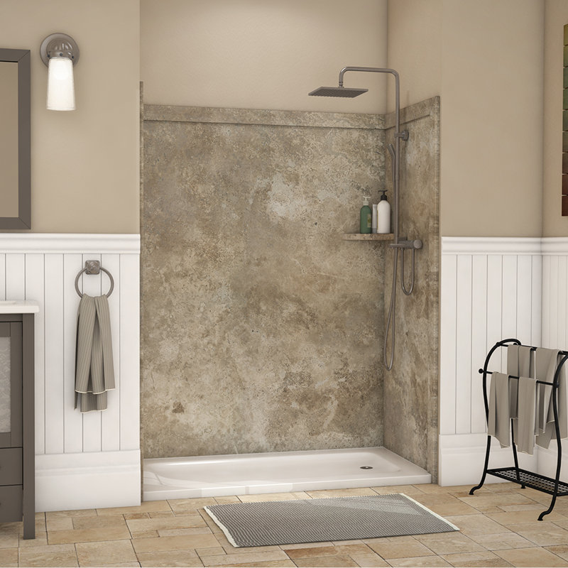 FlexStone Adaptable 60"W x 60"D x 80"H Alcove Shower Surround in Mocha Travertine, Mocha Travertine