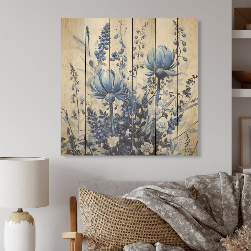 «Blue Bonnets Floral Collage - Blue Bonnets, art mural sur bois de pin naturel, H 36 po x l 36 po