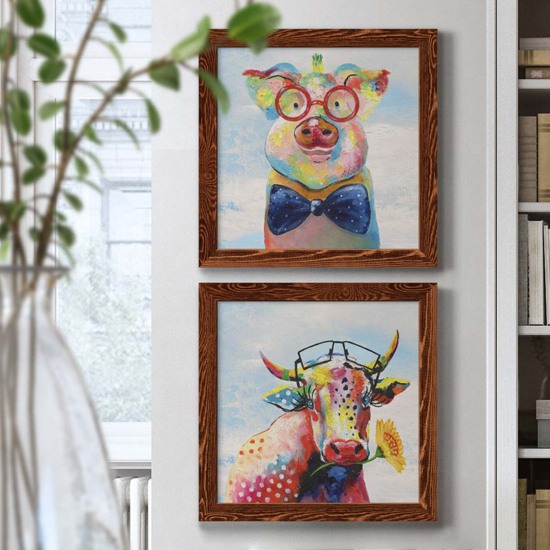 «Groovy Pig And Sky», ensemble de 2 peintures sur toile encadrées, H 17 po x l 34 po x P 1,5 po, Érable encadré
