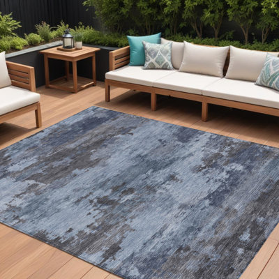 Tapis d'extérieur lavable abstrait bleu et gris anthracite 8 pi x 10 pi