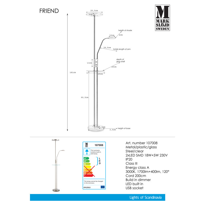 Jareth 181cm LED Tray Table Floor Lamp with USB, Steel
