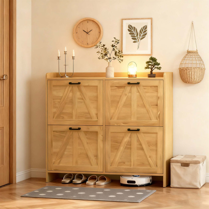 Light Rustic Barn-Door Shoe Cabinet With 4 Flip Drawers, Sleek Space-Saving Entryway Organizer For Living Room, Light Oak