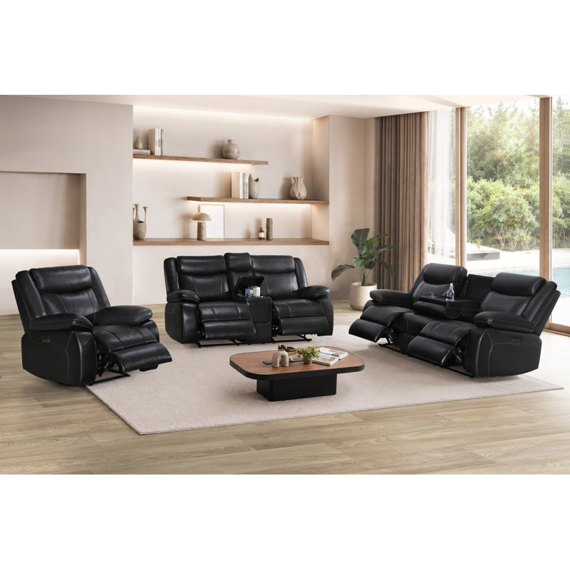 Causeuse inclinable électrique avec chargement USB, console de rangement et porte-gobelets, cuir gonflable, noir