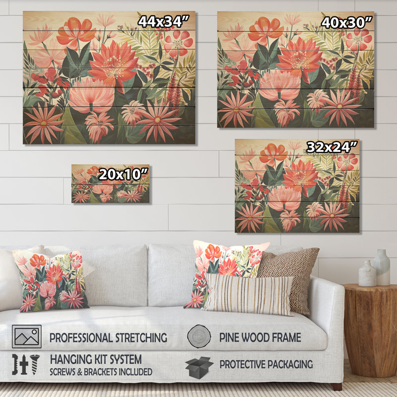 Motif floral de jungle tropicale rose III - impression florale sur bois, H 10 po x l 20 po x P 0,78 po