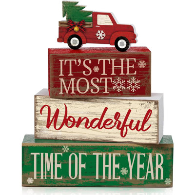 4 pièces de décoration de table en bois représentant un camion rouge de Noël | Plateau à étages de style ferme pour la cuisine, blocs de bois empilés avec des messages de Noël, cadeau idéal pour décorer votre table.
