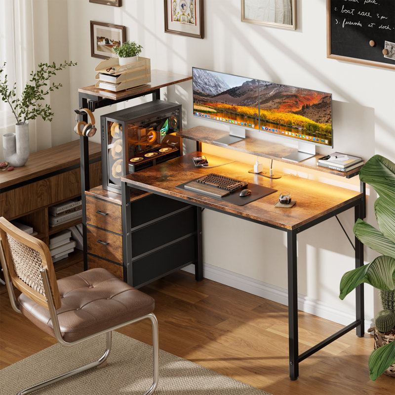 Gaming Desk with LED Lights, Home Office Desk with Built-in Power Outlets, USB Charging, Storage Drawers, Modern Computer Desk with Monitor Stand, PC Tower Stand & Headphone Hook, Brown