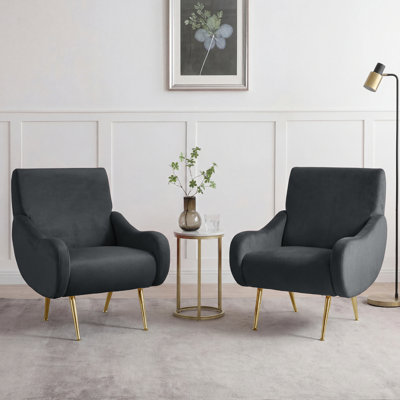 Ensemble de 2 fauteuils d'appoint rembourrés de style moderne Mid-Century de 28 po avec pieds en métal doré et argent et accoudoirs courbés pour salon, chambre à coucher et meuble-lavabo Aitana