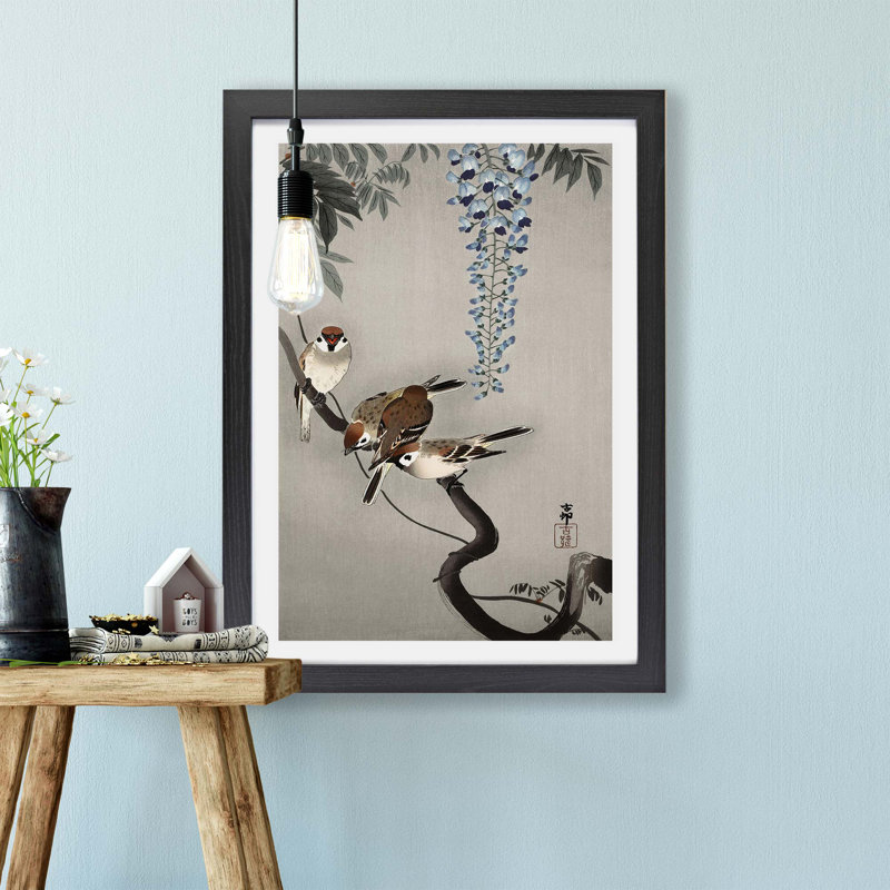 Sparrows at Wisteria by Ohara Koson - Framed Print, 45cm H x 63cm W x 2cm D, Black