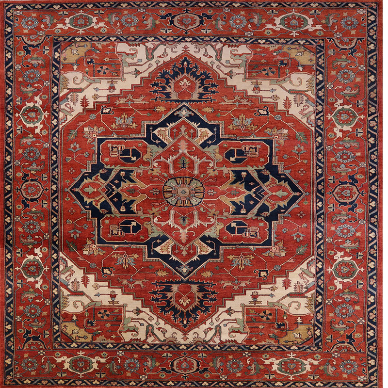 Tapis oriental orange / bleu marine, Carré 3 pi