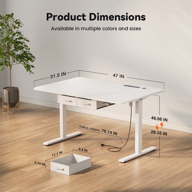 Bureau électrique debout avec prise de courant intégrée et tiroir de rangement, bureau d'ordinateur à hauteur réglable de 47 po x P 31,5 po avec 2 modes de mémoire, bureau assis-debout stable avec station de charge, poste de travail spacieux pour le bureau personnel