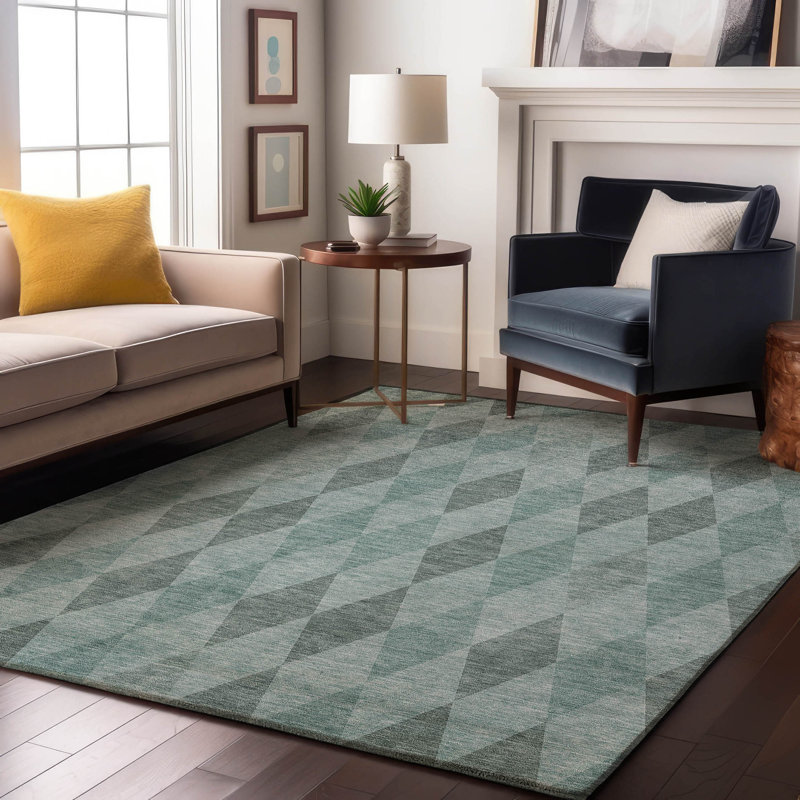 Teal Diamond Pattern Washable Rectangular Synthetic Rug 3' x 5'