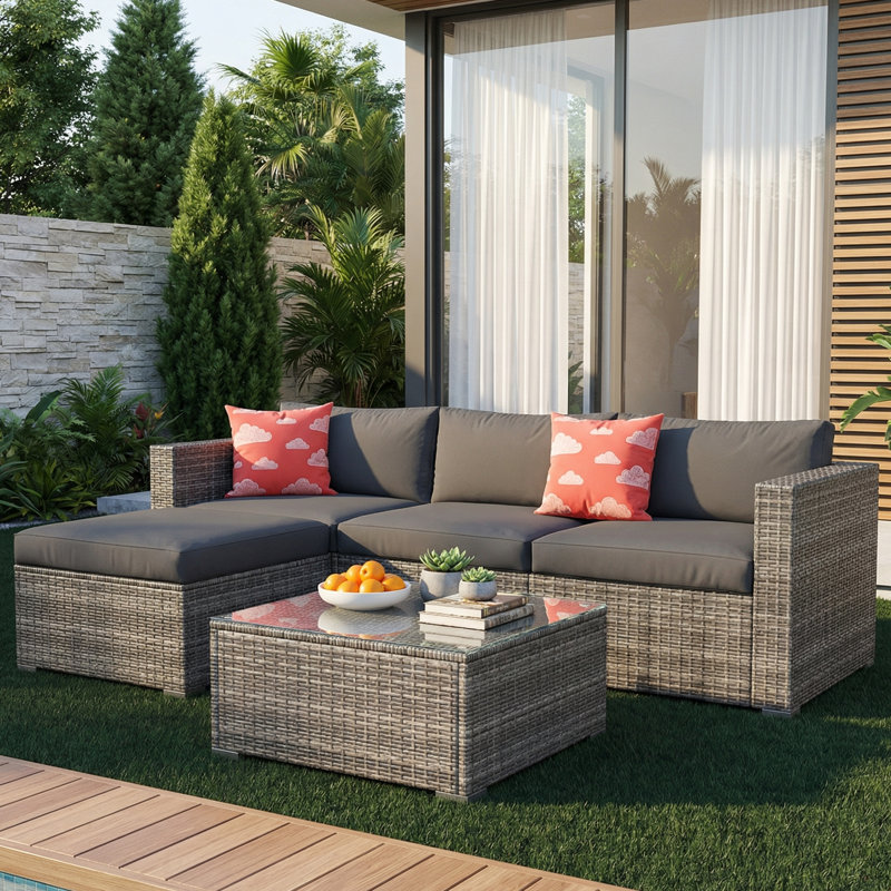 Ensemble de conversation modulaire en osier pour 4 personnes avec coussins, Gris foncé