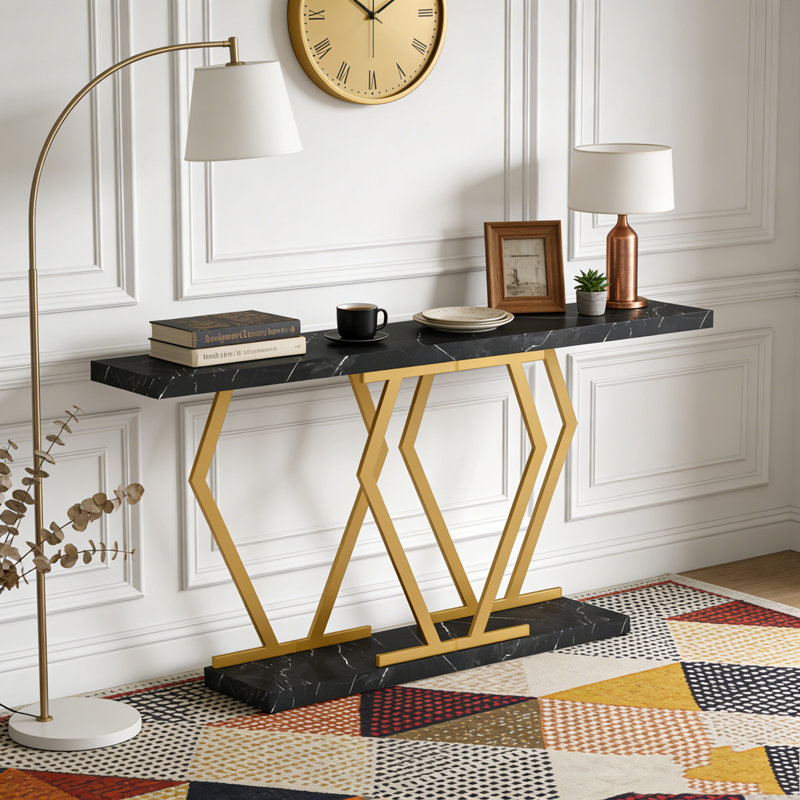 Modern Console Table Sofa Table with Faux Marble Tabletop, Black Gold