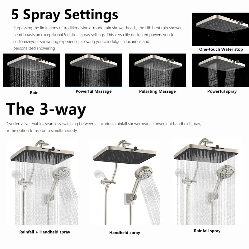 Ultraflow Pro 5-Spray 13" Rainfall Shower System With Dual High-Pressure Heads & 10 Customizable Modes, Brushed Nickel
