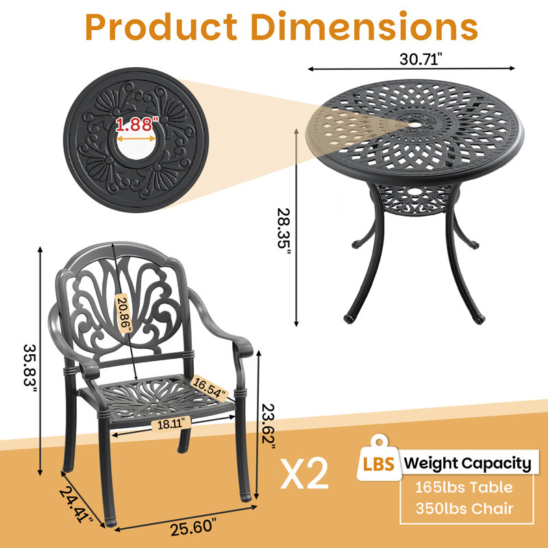3-Piece 30.71-inch Round Table Cast Aluminum Outdoor Dining Set with Umbrella Hole and Brown Cushions