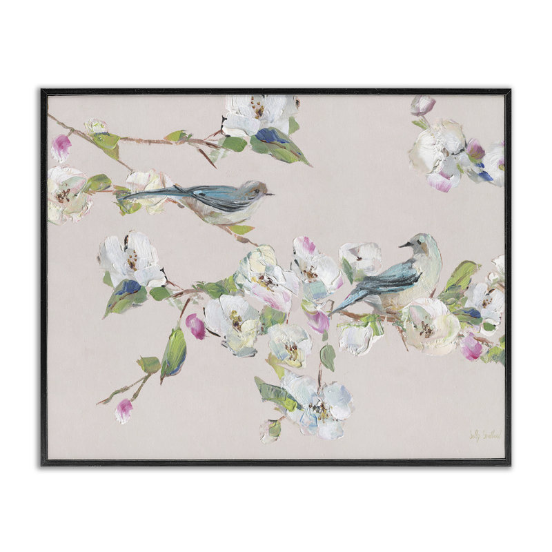 «Soft Spring Blossoms & Birds», art numérique par Sally Swatland, H 11 po x l 14 po, Giclée encadrée noir minuit