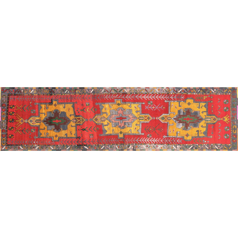 Tapis de couloir rouge en laine noué à la main de conception unique 3 pi 2 po x 11 pi 9 po années 1960