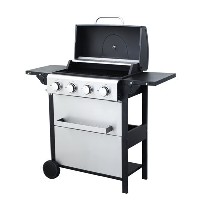 4 Propane Gas Bbq For Outdoor, 34200Btu, Foldable Side Table, #430 Ss Bottle Opener, Stainless Steel Components Outdoor 34200Btu Grill, Warming Rack, Enamel Flame Garden