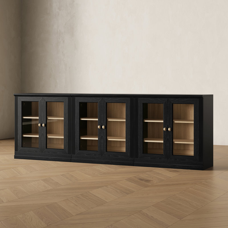 Ensemble de 3 buffets vitrines Monos avec portes, noirs, Black