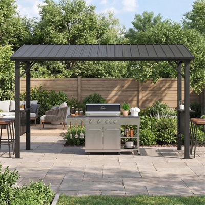 Gazebo de barbecue en métal de 3,66 m de large x 1,83 m de profondeur avec toit rigide en acier galvanisé et deux étagères latérales de service, abri de patio extérieur, pavillon de jardin pour les grillades, les repas et les réceptions.