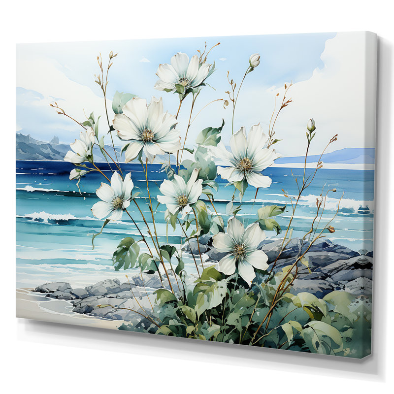 «Flower in Oceanic Calm Beach View II - Coastal Minimalisme», art mural, Toile tendue, H 12 po x l 20 po x P 1 po