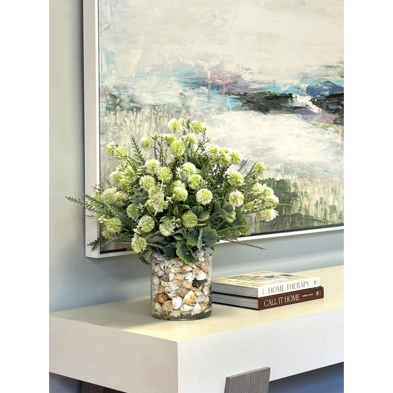 Eucalyptus and Pom Poms in Shell Vase