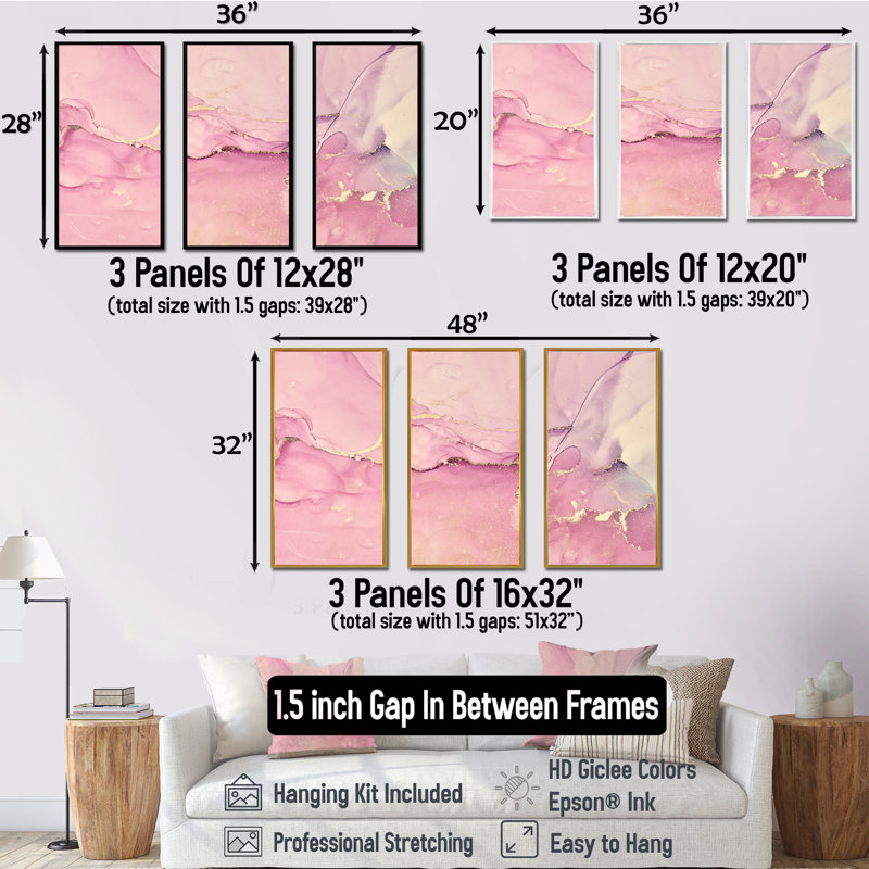 «Pink Marble Waves II», reproduction sur toile flottante 3 pièces, H 32 po x l 48 po x P 1 po, Doré