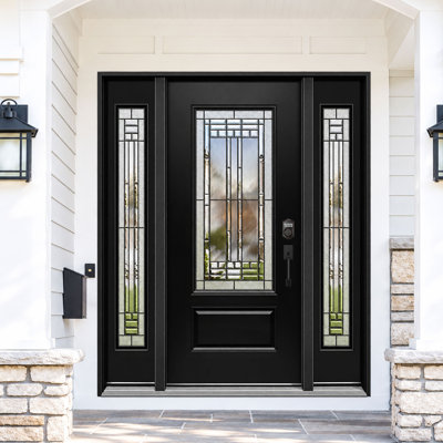 64 In. X 80 In. Inswing Left Black Fiberglass Entry Door With Patina Caming Glass And Dual Sidelites