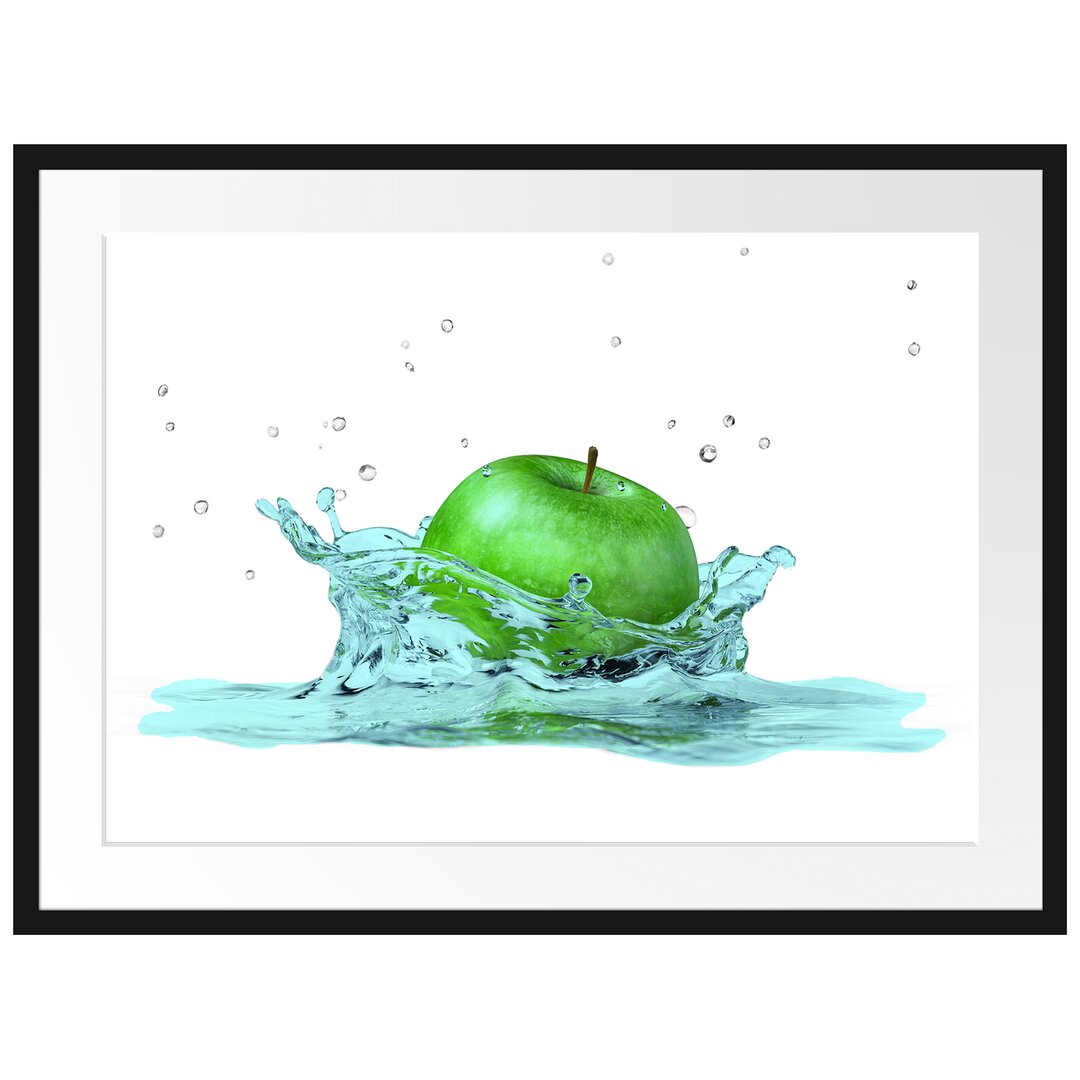 Gerahmtes Poster Green Apple Apfel Fällt in Wasser