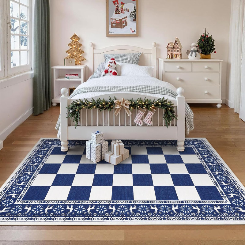 6x9 Checkered Christmas Area Rug, Washable Non Slip Low Pile Rug for Dining Room, Blue, Blue, Rectangle 6' x 9'