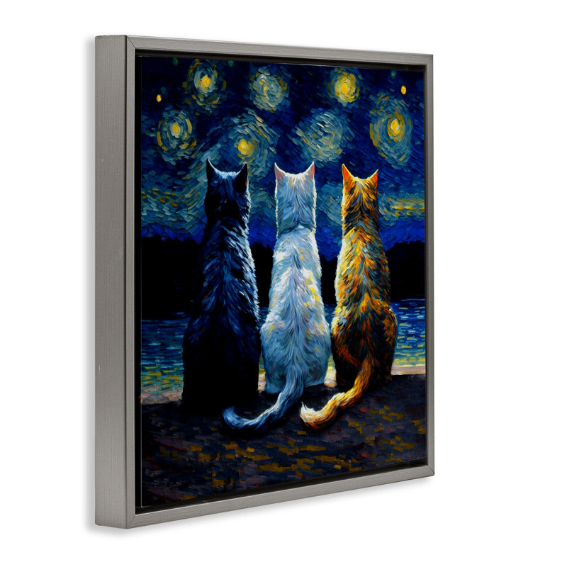 «Van Gogh Style Cats Floater» par Svetlana Aleynikova, H 18 po x l 18 po, Cadre flottant gris lustré