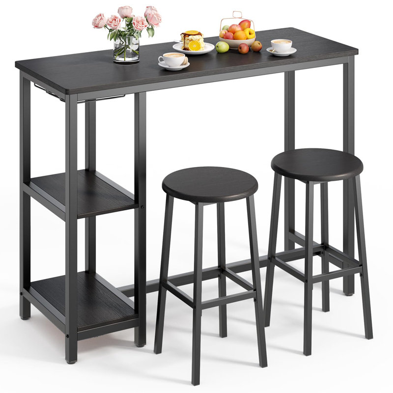 3-Piece Bar Height Dining Set with Shelves and Stools, Black, Black