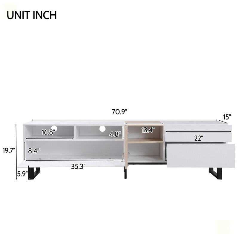 Meuble télé moderne pour téléviseur de 80 po avec espace de rangement double, Blanc