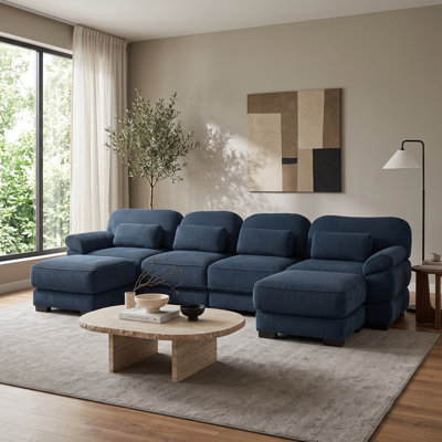 Blue 4-Seater U-Shaped Modular Corduroy Sectional Sofa with 2 Movable Ottomans and Deep Seats