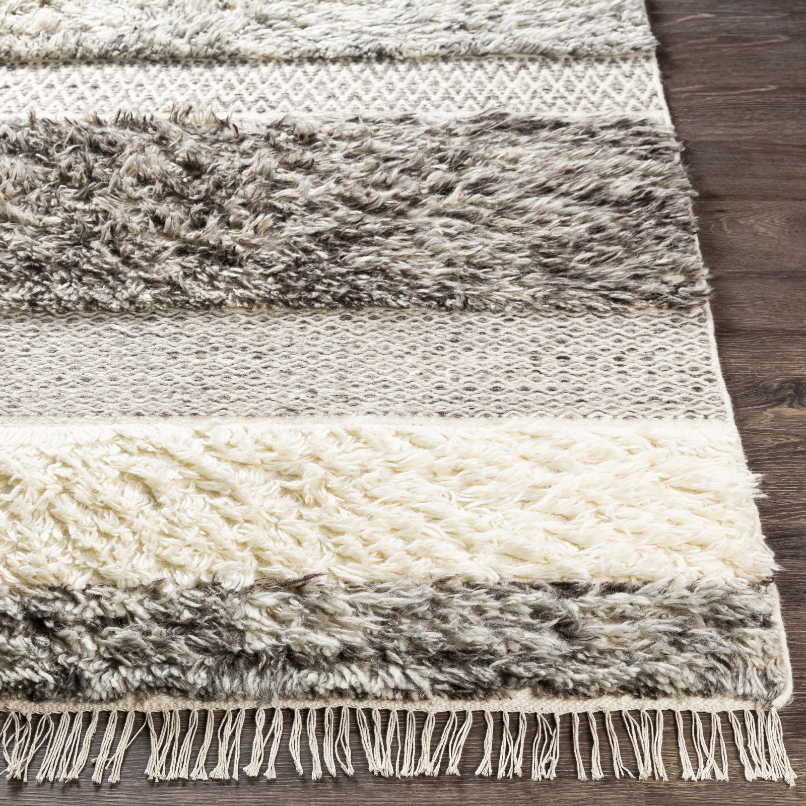 Catalina Cream Gray Flatweave Striped Wool Rug, Rectangle 5' x 7'6"