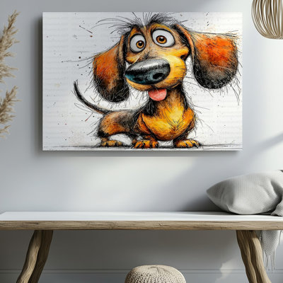 Drôle de chien teckel, dessin de mignon chiot brun, reproduction d'art sur toile pour le salon, la chambre à coucher, le bureau, le couloir, le vestibule, le mur de la galerie et la décoration moderne