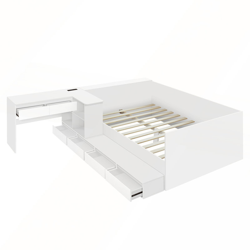 Lit plateforme double avec 6 tiroirs, tablettes et coiffeuse pour le rangement et la fonctionnalité