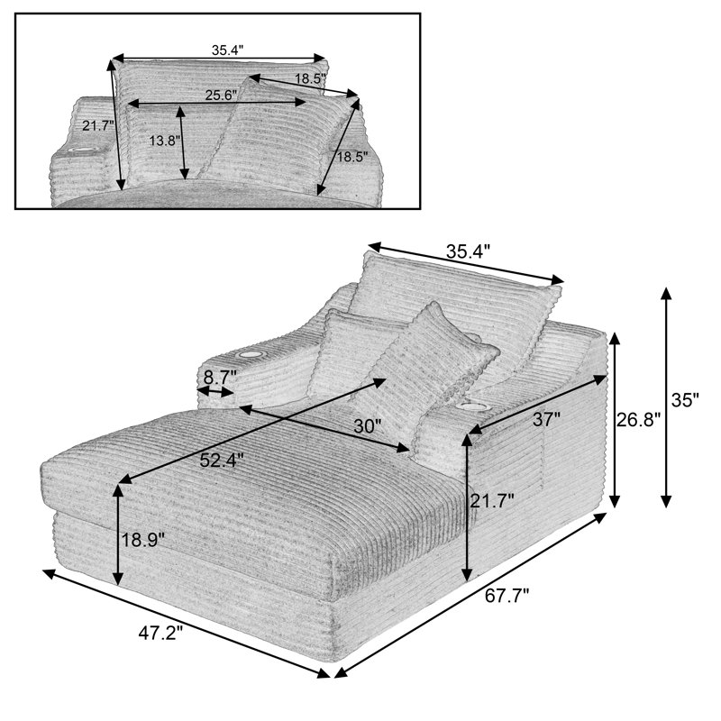 Chaise longue surdimensionnée avec porte-gobelets - Canapé à compression coussiné, Blanc