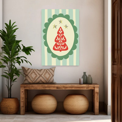 Folk Art Christmas Tree Modern Vintage Abstract Christmas Tree Winter Landscape Wall Art Print by Annick - Wrapped Canvas Print