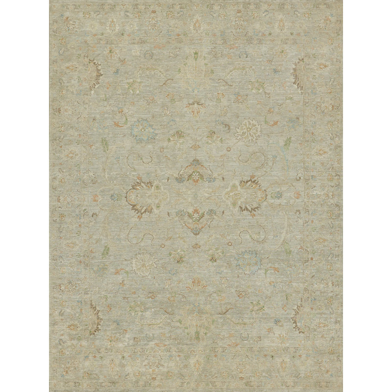 Santorini hand-knotted Wool/Silk Green Area Rug, Light Silver, Rectangle 9' x 12'