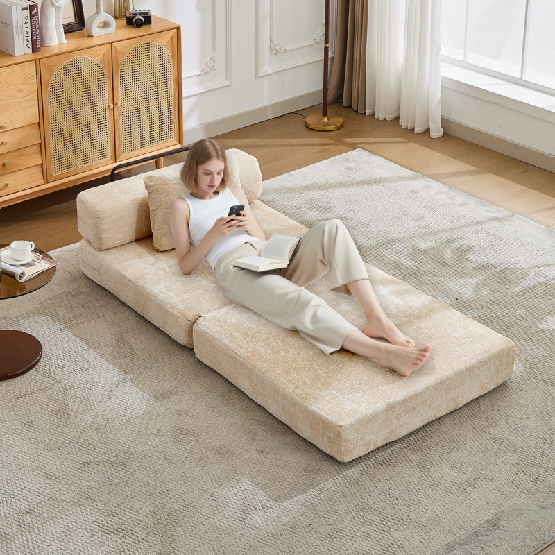 Canapé à compression, canapé-lit convertible au sol avec structure de forme fixe, canapé modulaire à une place sans os, sans assemblage, tissu chenille, pour la chambre à coucher, beige